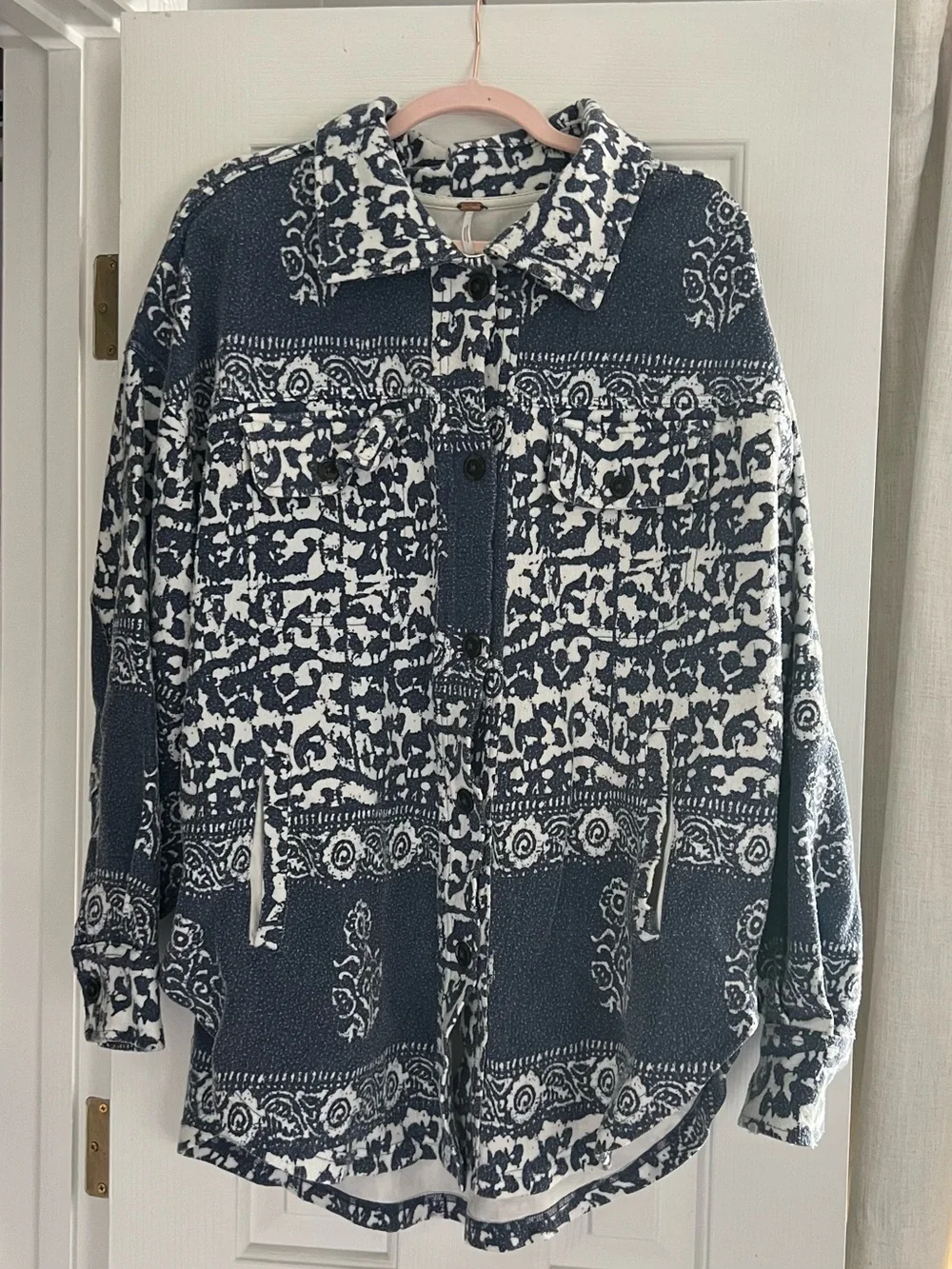 Free People Navy and White Abstract Print Button Jacket
